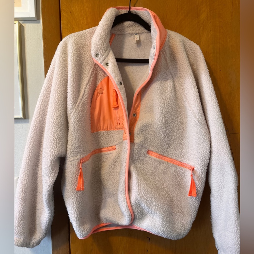 FP Movement by Free People Cream Sherpa Jacket with Coral Trim